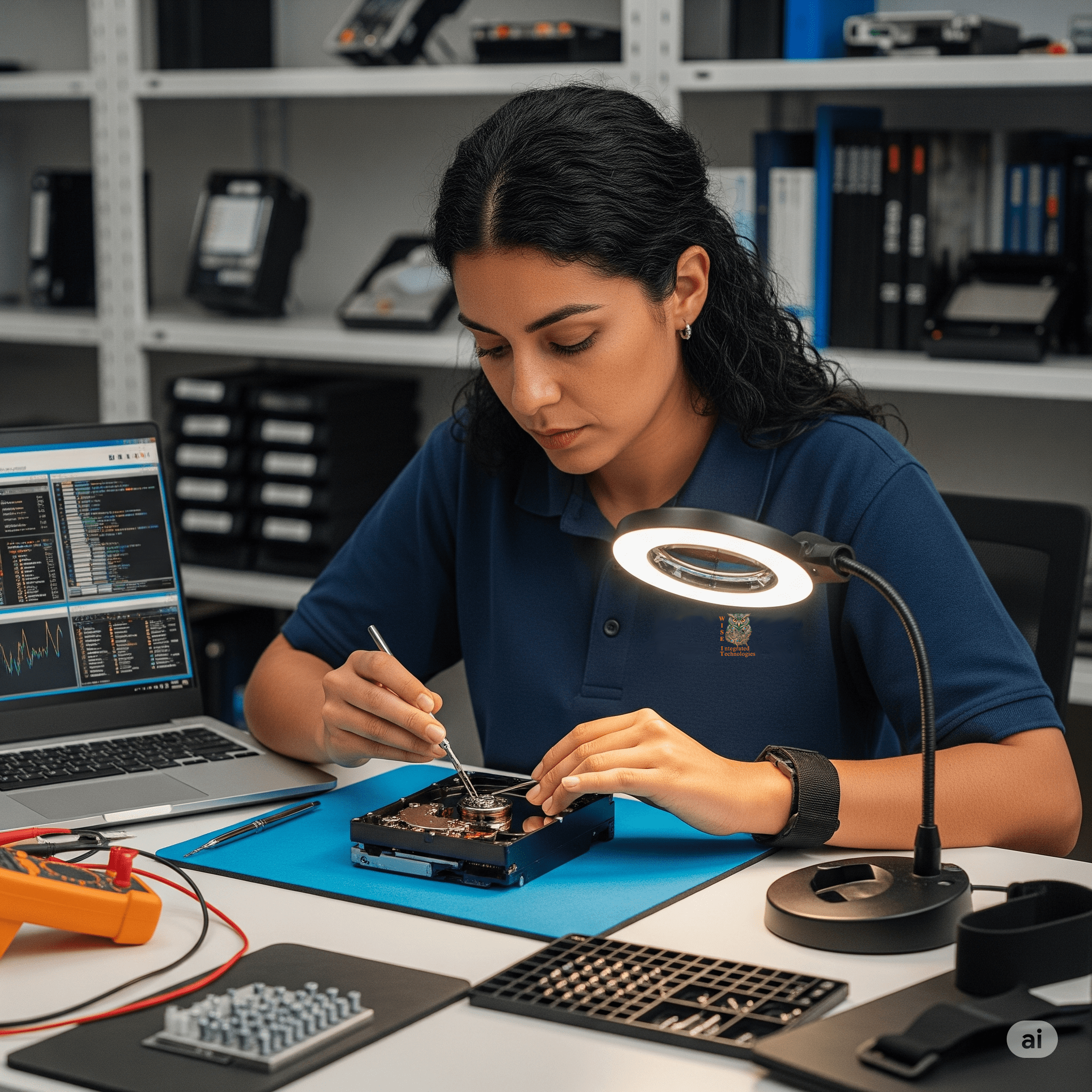 Female Computer Security Tech doing data recovery